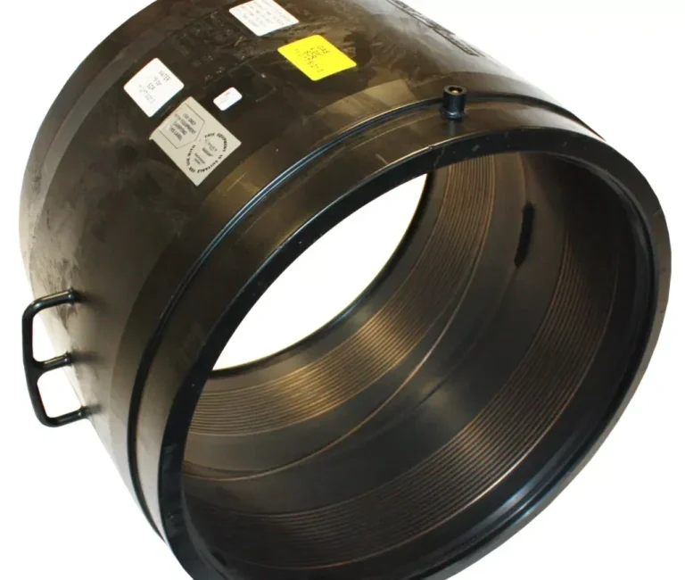 Easy grip electrofusion coupler Black cylindrical plastic coupling with handles and labels.