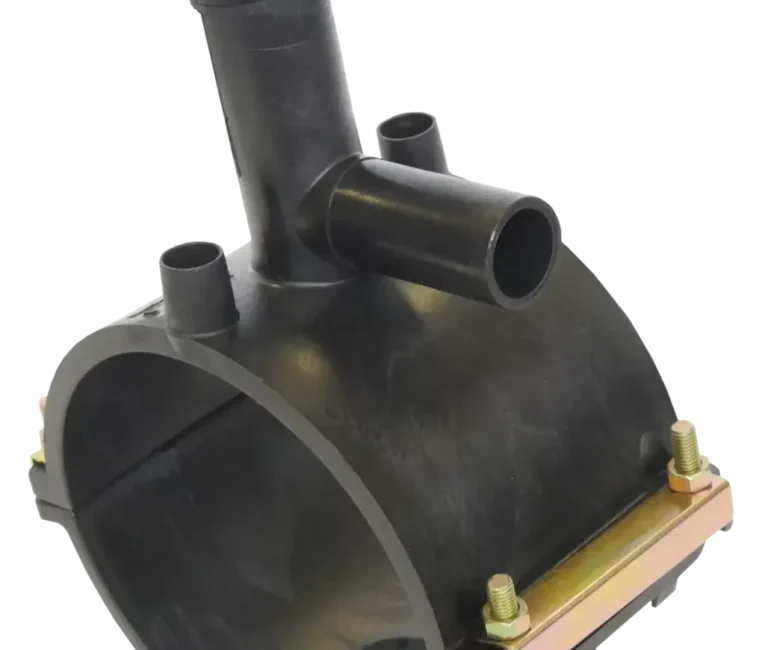Advanced under-clamp tapping tees Black plastic throttle body with multiple connection points and metallic base.