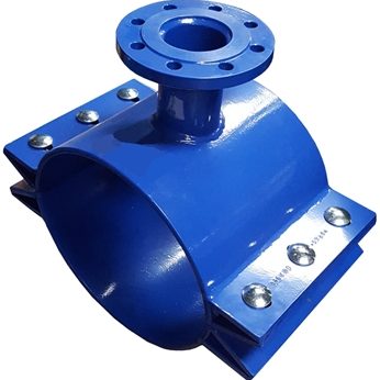 Blue metal pipe fitting with a flange and bolts for secure attachment.