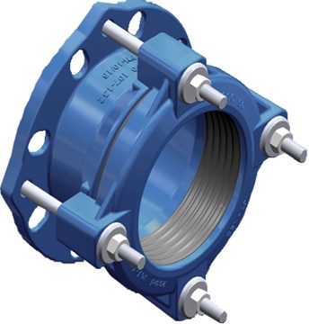 Blue pipe flange adaptor with threaded ends and bolts for secure connections.