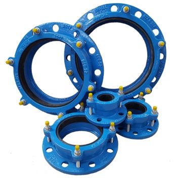 Four blue metal pipe fittings, flanged and in various sizes.