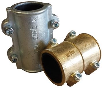 Blue pipe coupling with threaded interior and metal bolts for secure installation.